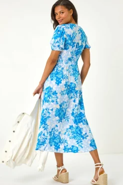 Roman Blue Button Through Floral Shirred Midi Dress