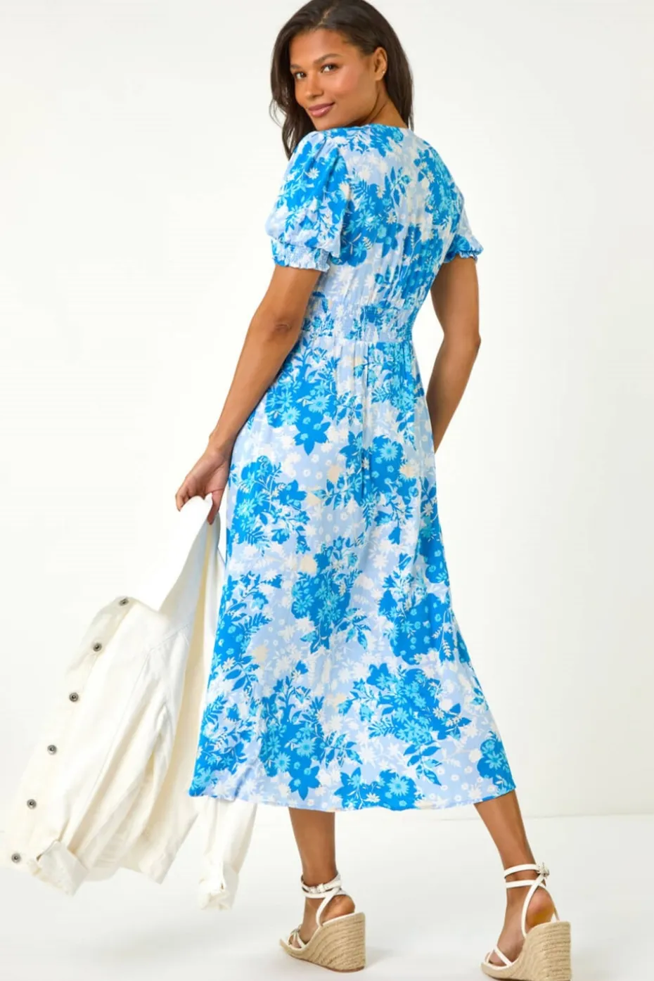 Roman Blue Button Through Floral Shirred Midi Dress