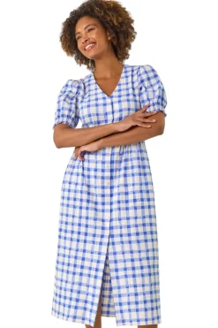 Roman Blue Check Button Midi Dress