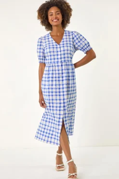 Roman Blue Check Button Midi Dress