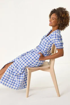 Roman Blue Check Button Midi Dress