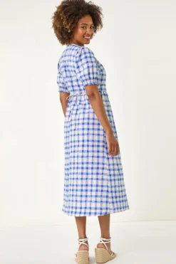 Roman Blue Check Button Midi Dress