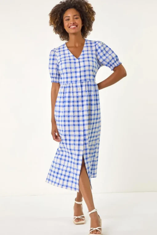 Roman Blue Check Button Midi Dress