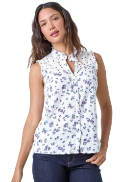Roman Blue Cotton Embroidered V-Neck Floral Blouse