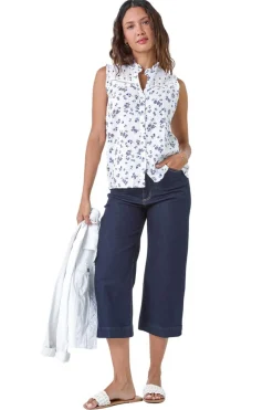 Roman Blue Cotton Embroidered V-Neck Floral Blouse