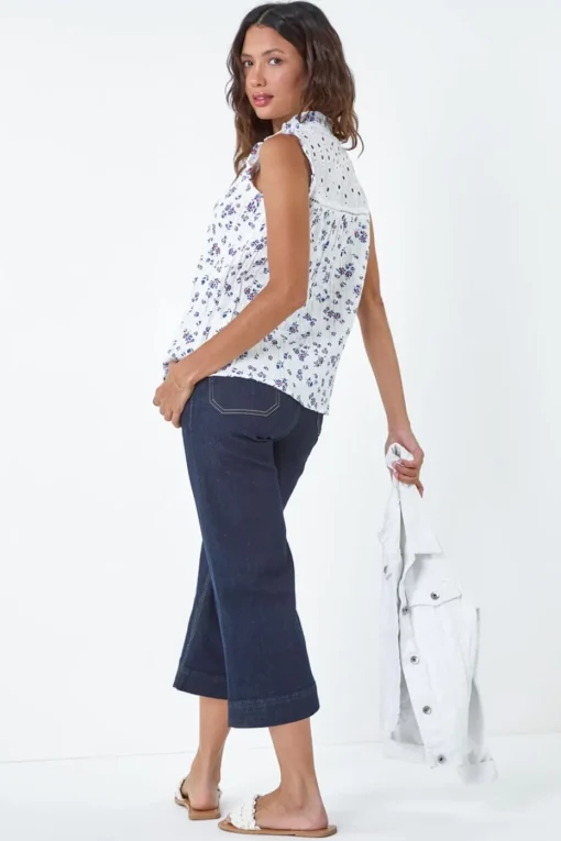 Roman Blue Cotton Embroidered V-Neck Floral Blouse