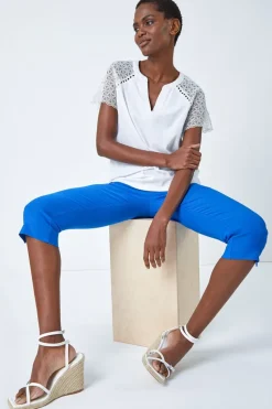 Roman Blue Cropped Stretch Trouser Capri Summer Leggings 3/4 Pedal Pushers