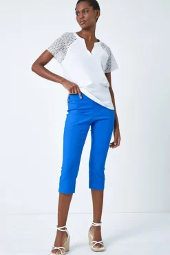 Roman Blue Cropped Stretch Trouser Capri Summer Leggings 3/4 Pedal Pushers