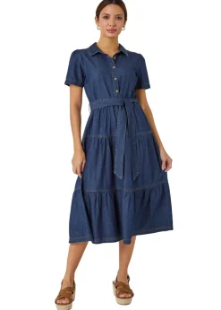 Roman Blue Denim Tiered Cotton Midi Dress