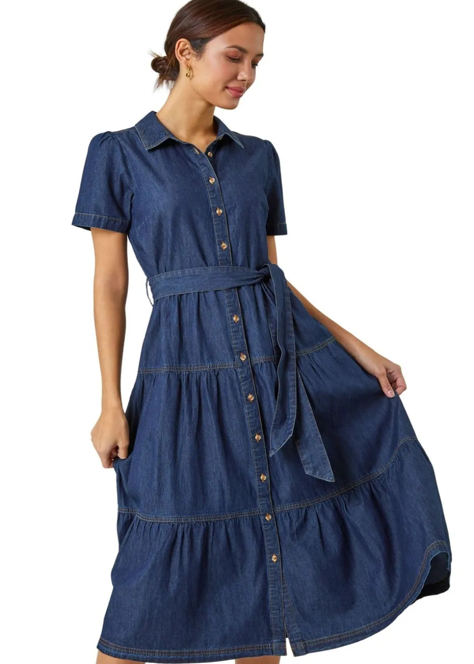 Roman Blue Denim Tiered Cotton Midi Dress
