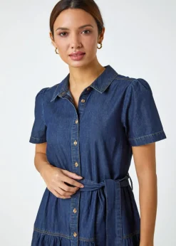 Roman Blue Denim Tiered Cotton Midi Dress
