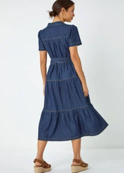 Roman Blue Denim Tiered Cotton Midi Dress