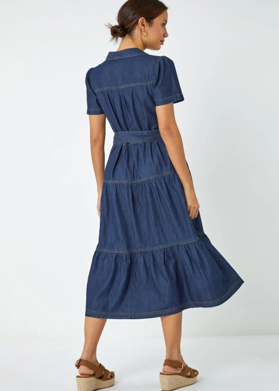 Roman Blue Denim Tiered Cotton Midi Dress