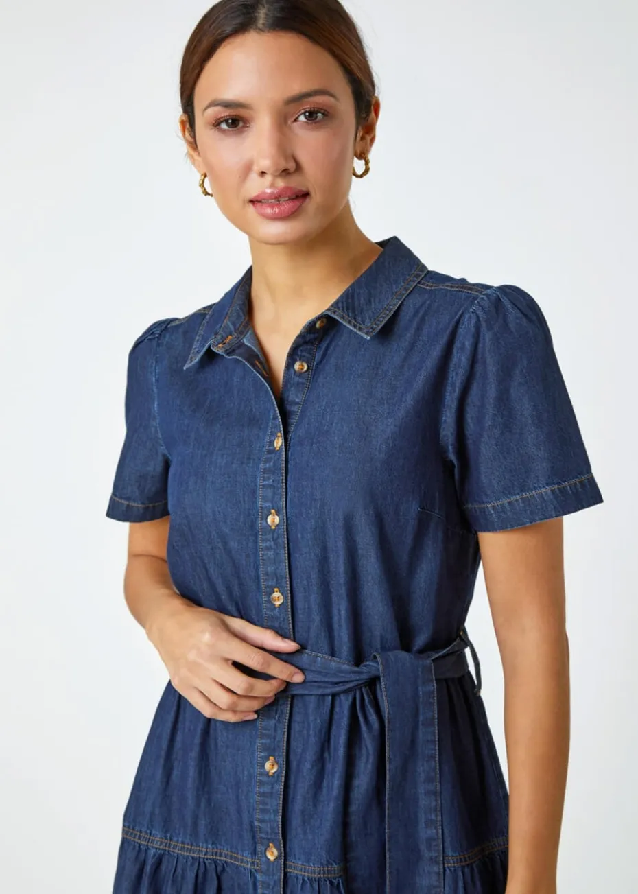 Roman Blue Denim Tiered Cotton Midi Dress