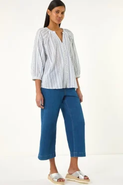 Roman Blue Dobby Stripe Print V Neck Blouse