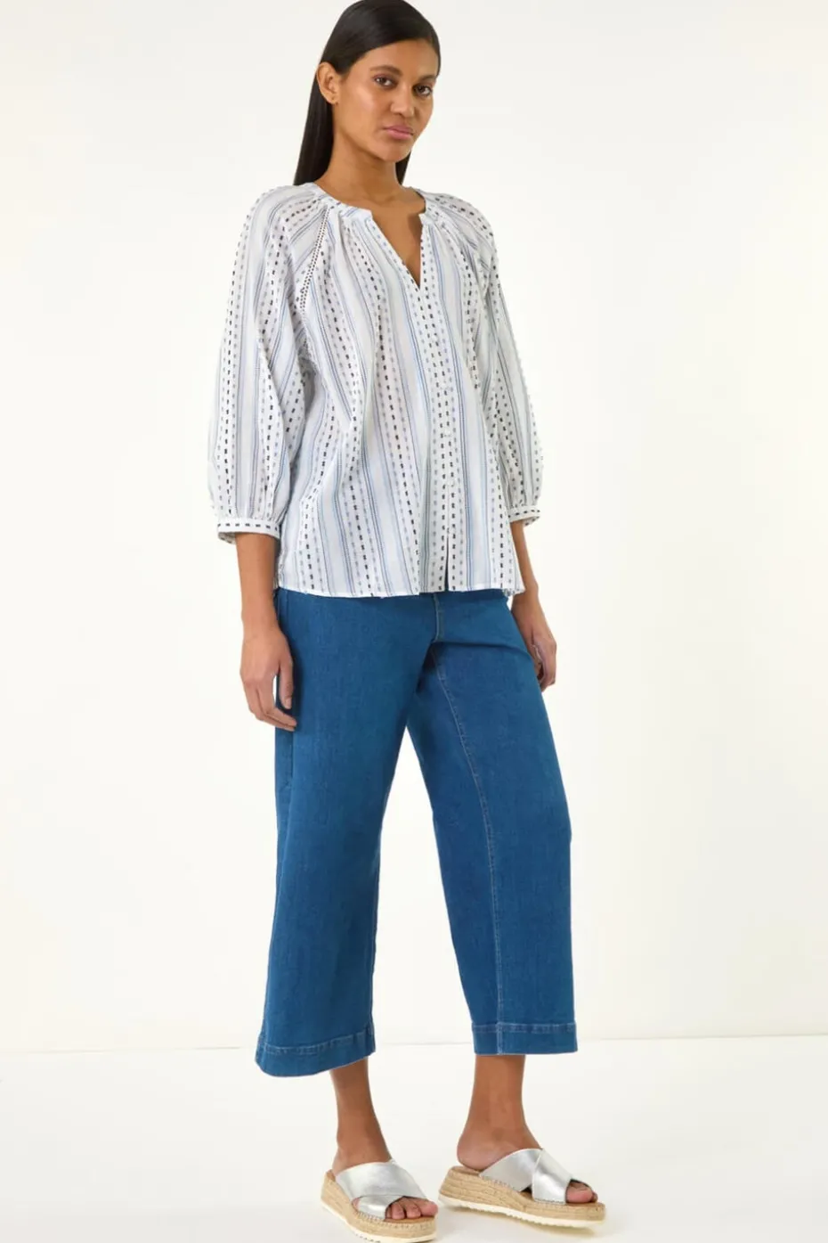 Roman Blue Dobby Stripe Print V Neck Blouse