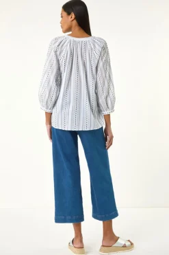 Roman Blue Dobby Stripe Print V Neck Blouse
