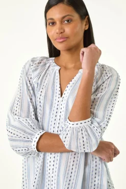 Roman Blue Dobby Stripe Print V Neck Blouse