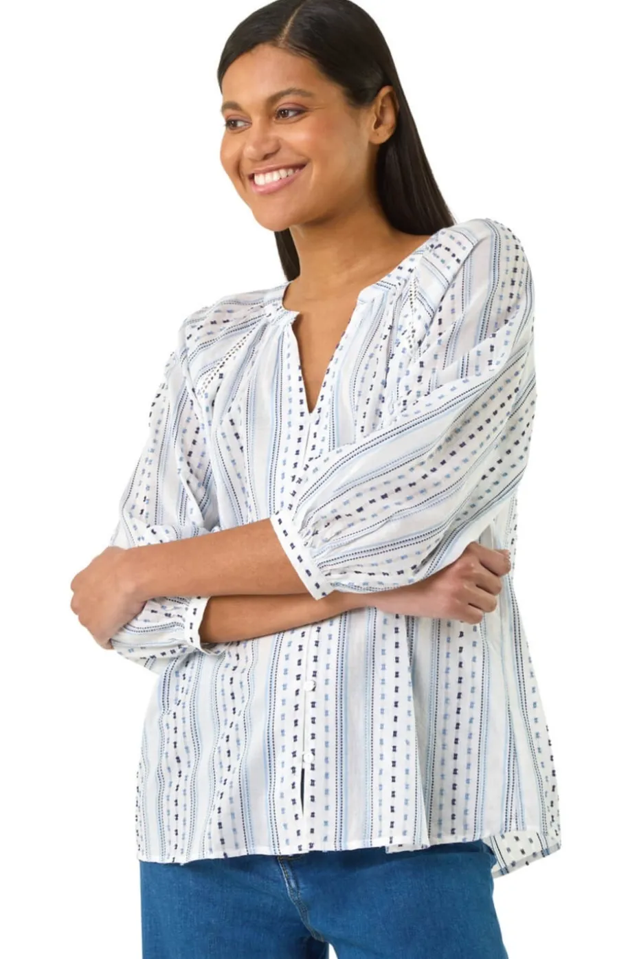 Roman Blue Dobby Stripe Print V Neck Blouse