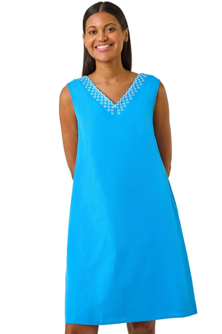 Roman Blue Embroidered X Back Short Dress