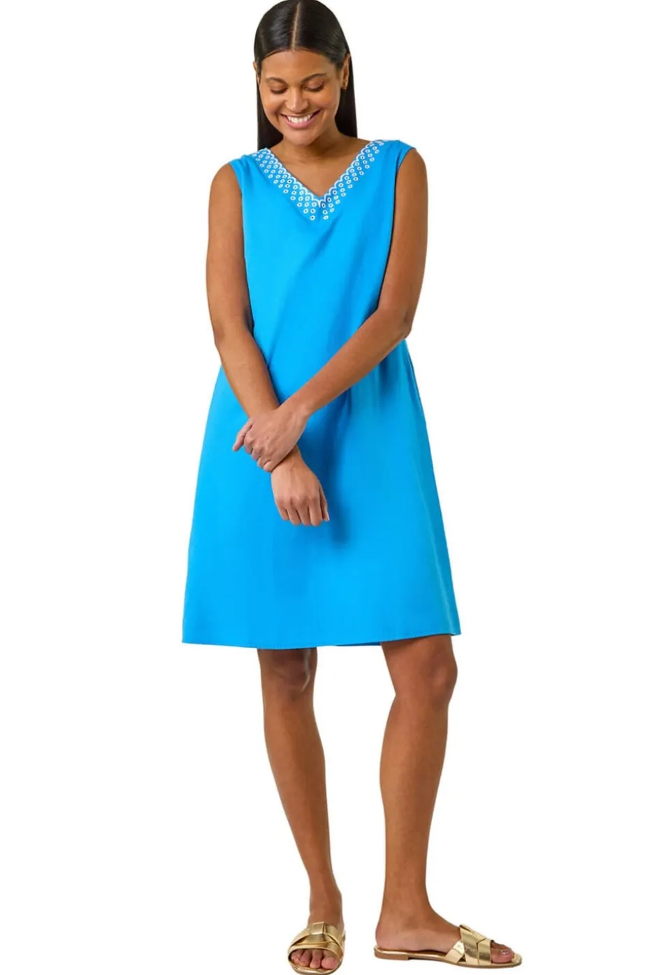 Roman Blue Embroidered X Back Short Dress