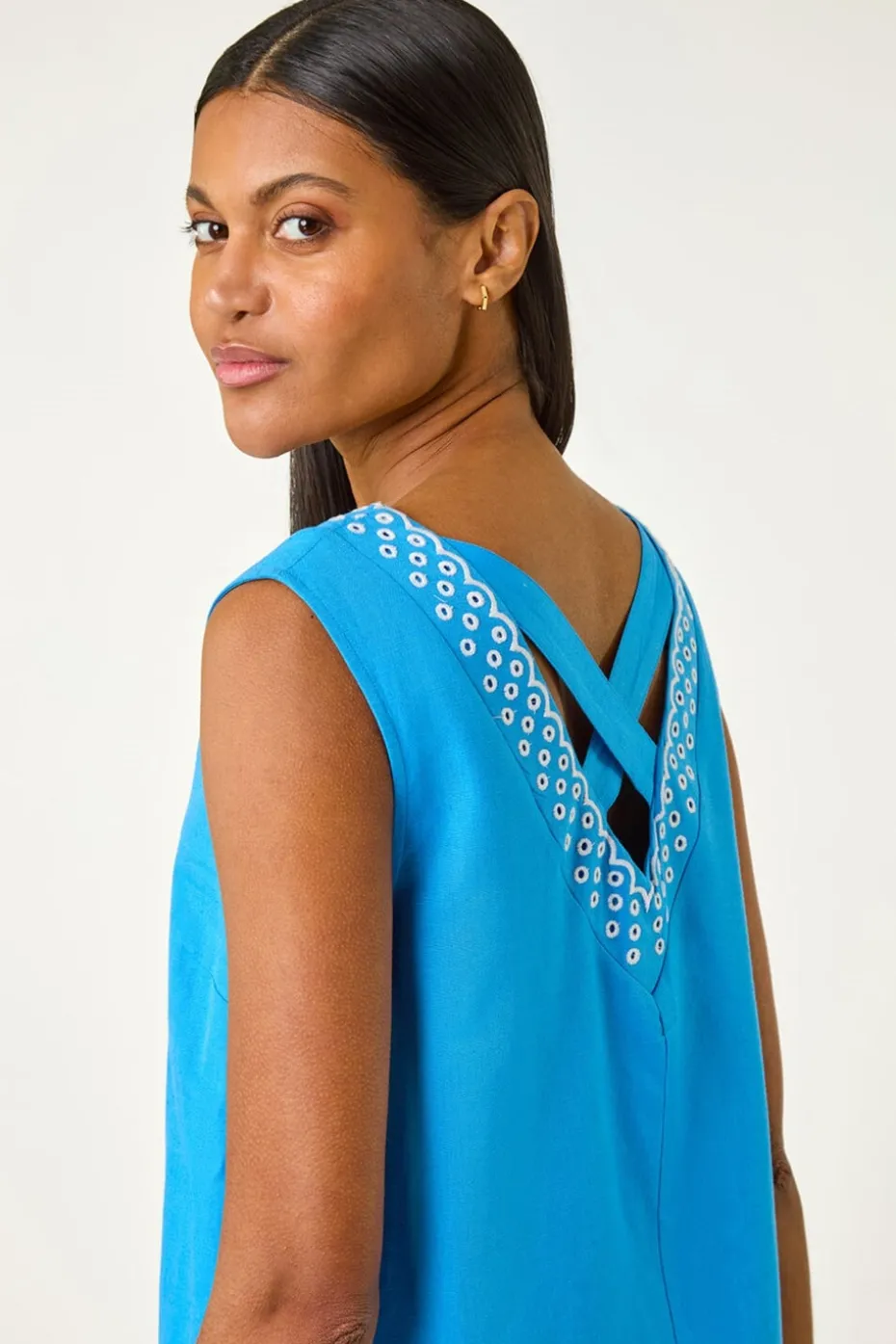 Roman Blue Embroidered X Back Short Dress