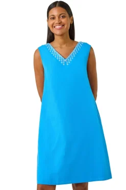 Roman Blue Embroidered X Back Short Dress