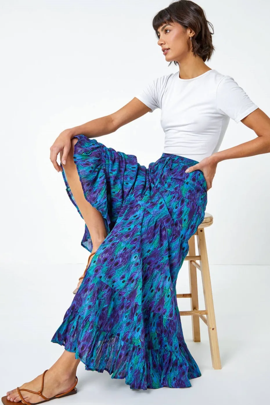 Roman Blue Feather Print Tiered Cotton Maxi Skirt
