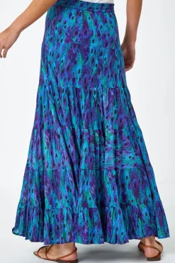 Roman Blue Feather Print Tiered Cotton Maxi Skirt