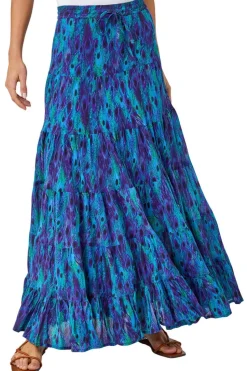 Roman Blue Feather Print Tiered Cotton Maxi Skirt