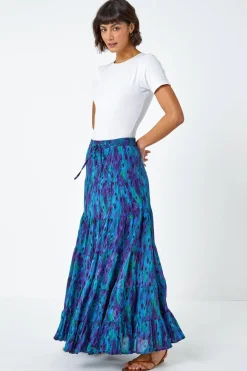 Roman Blue Feather Print Tiered Cotton Maxi Skirt