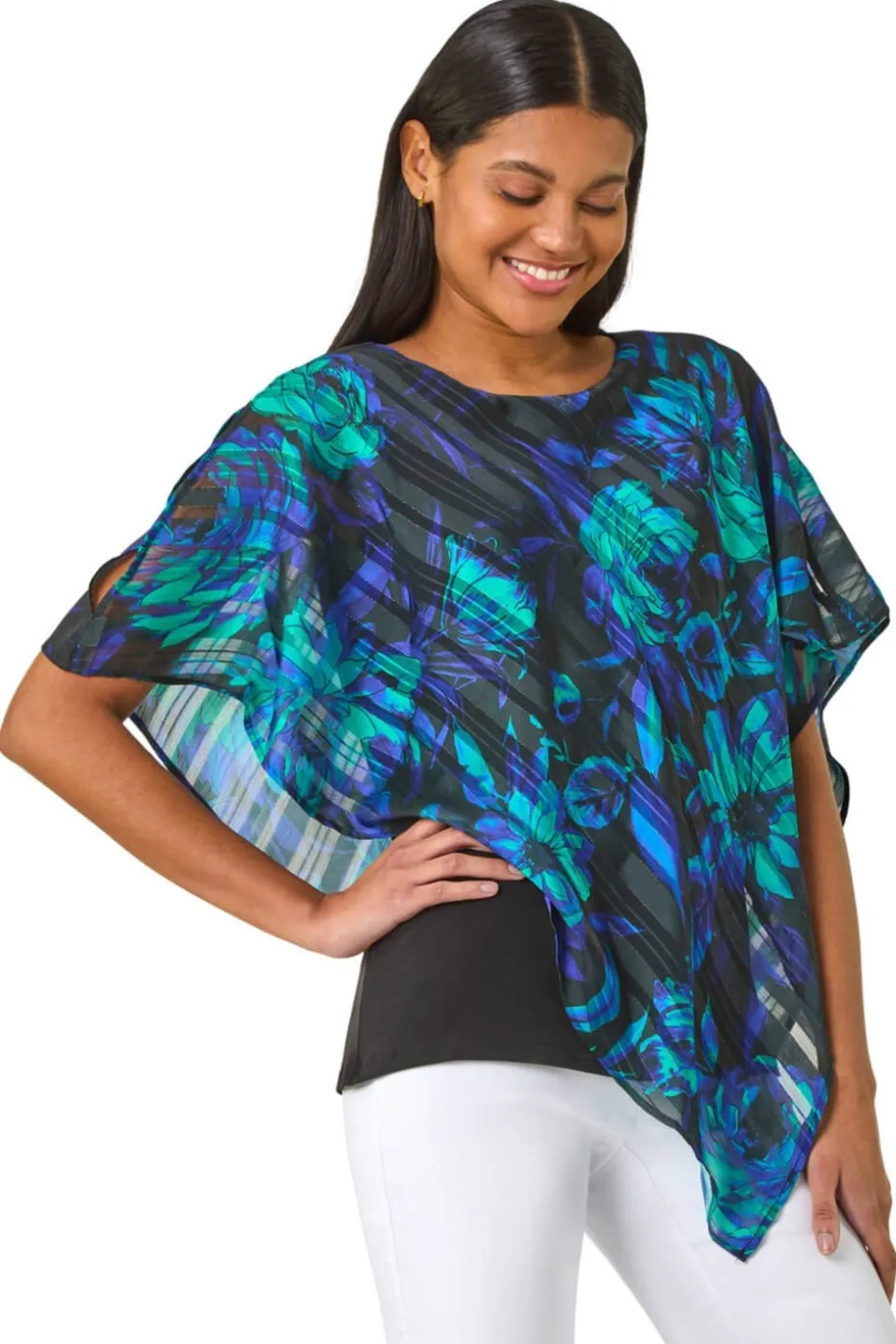 Roman Blue Floral Asymmetric Overlay Top