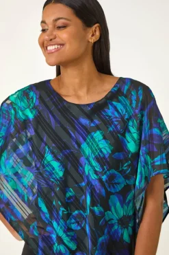Roman Blue Floral Asymmetric Overlay Top