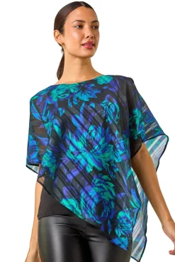 Roman Blue Floral Asymmetric Overlay Top