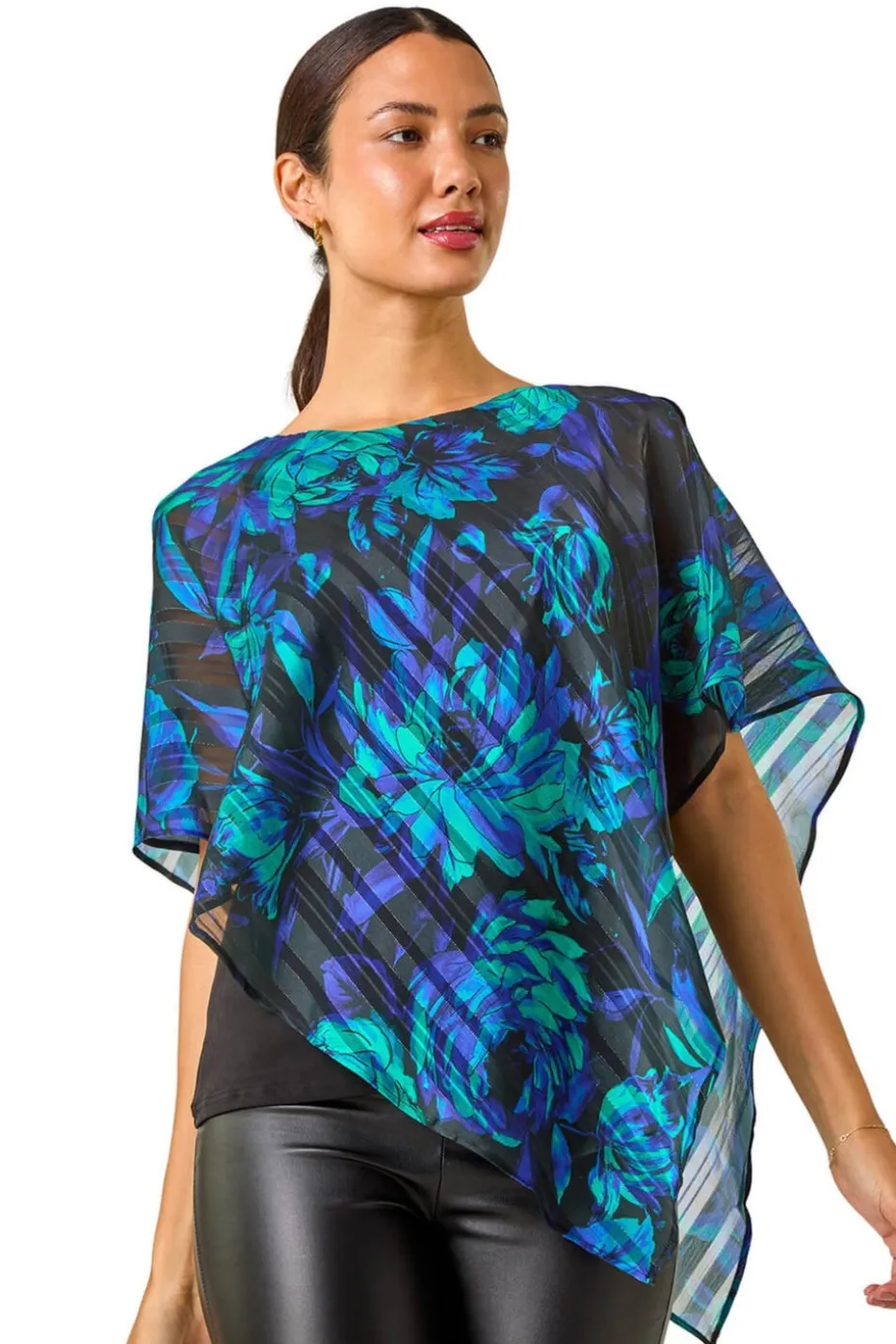 Roman Blue Floral Asymmetric Overlay Top
