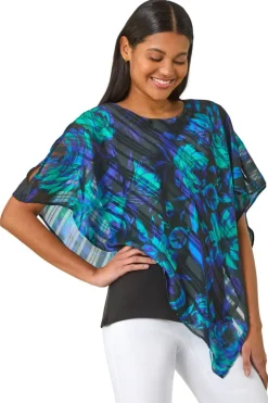 Roman Blue Floral Asymmetric Overlay Top