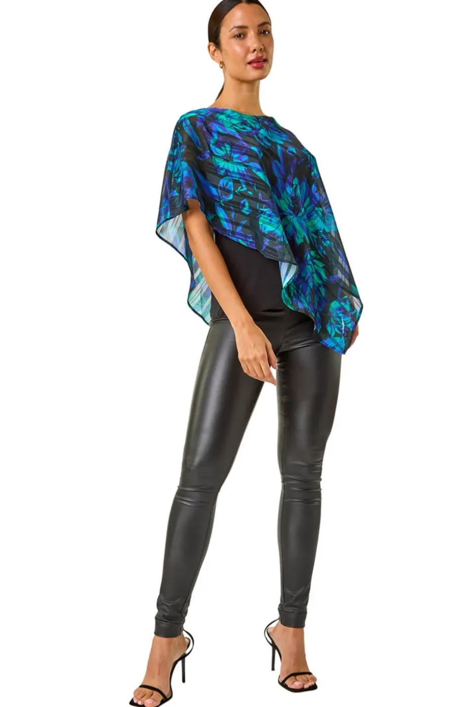 Roman Blue Floral Asymmetric Overlay Top