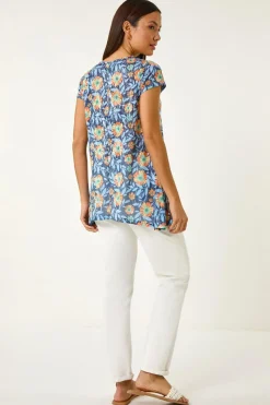 Roman Blue Floral Burnout Print Tunic Top