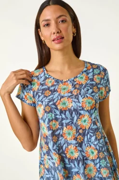 Roman Blue Floral Burnout Print Tunic Top