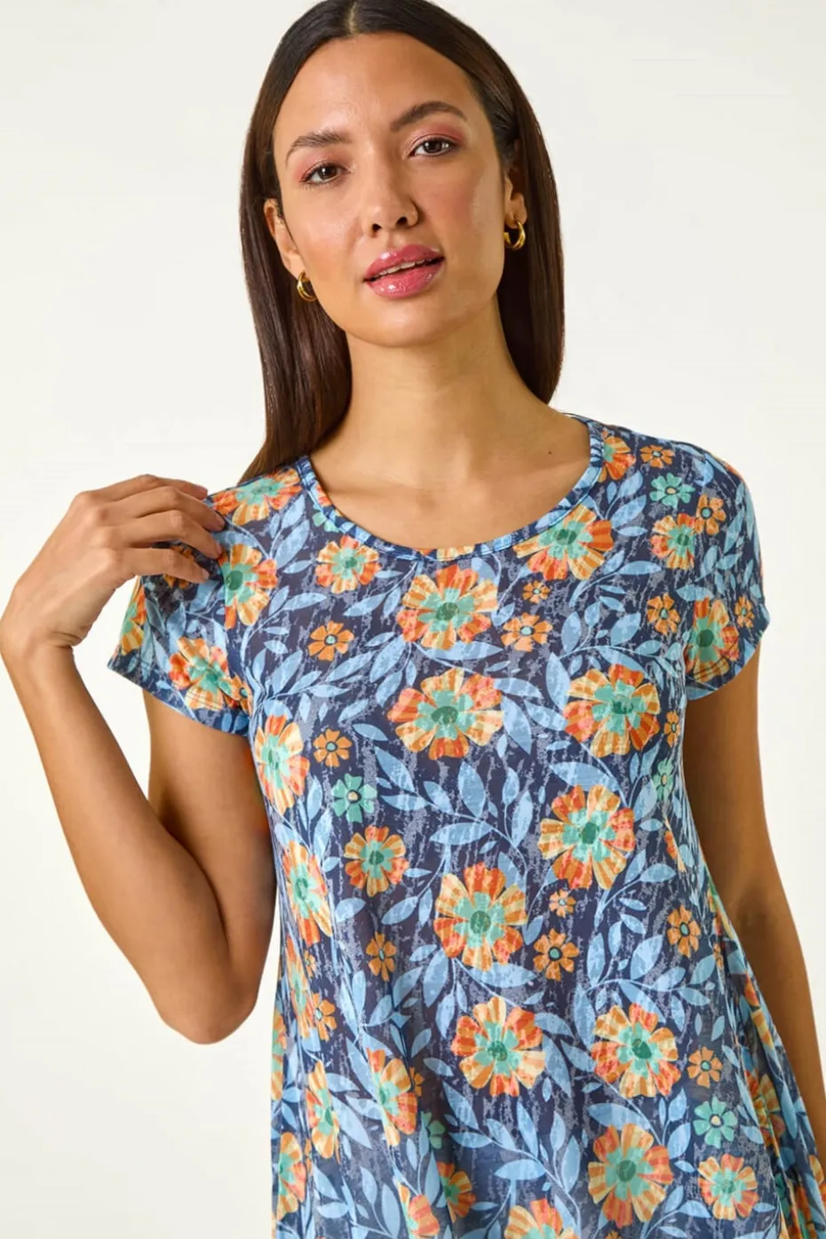 Roman Blue Floral Burnout Print Tunic Top