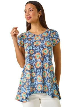 Roman Blue Floral Burnout Print Tunic Top