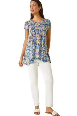 Roman Blue Floral Burnout Print Tunic Top