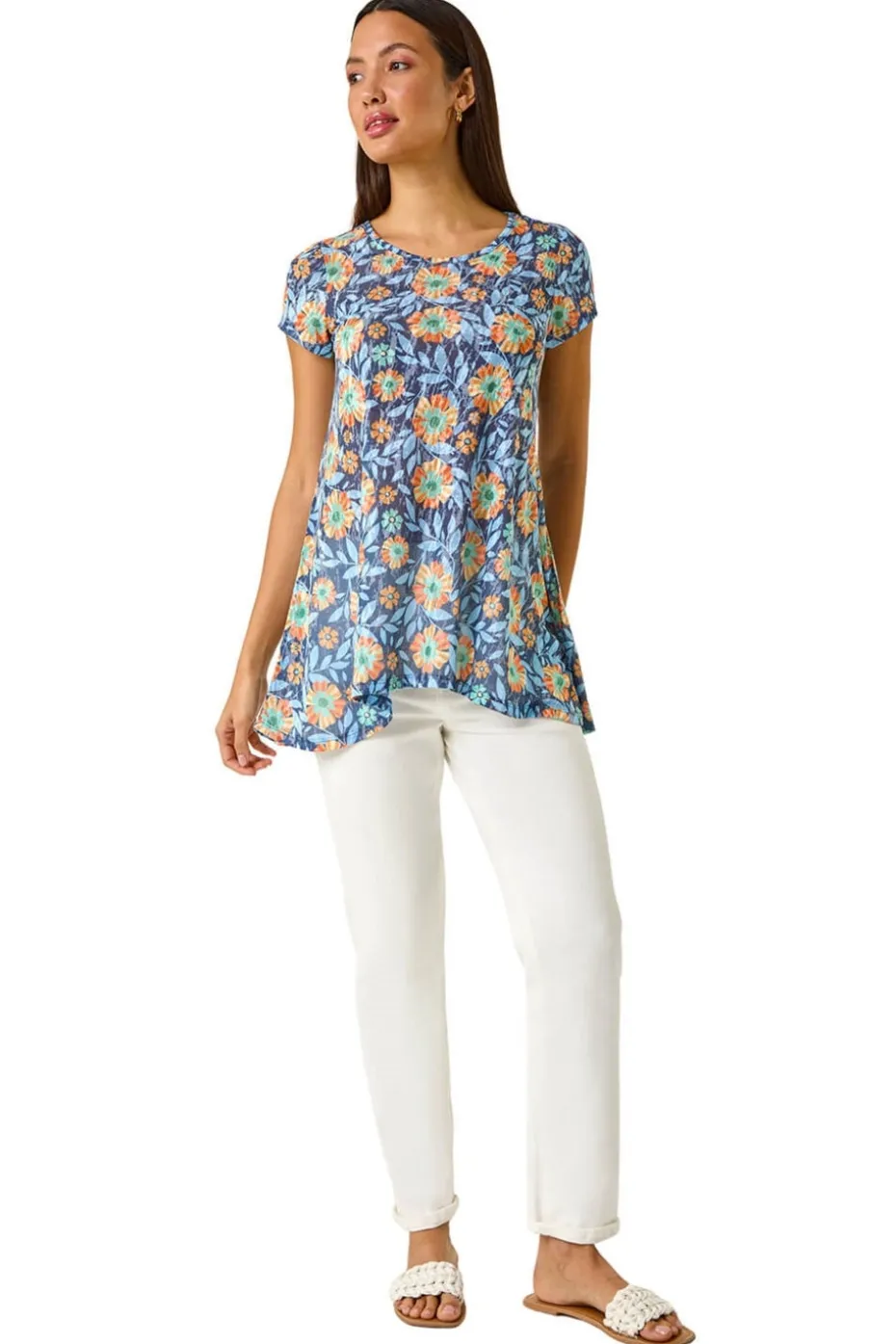 Roman Blue Floral Burnout Print Tunic Top