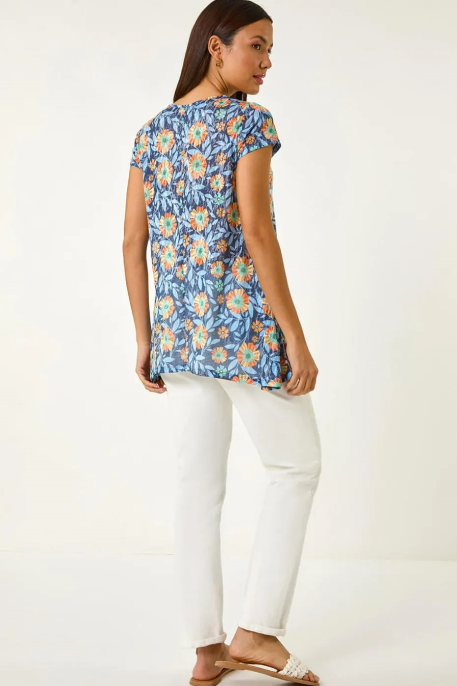 Roman Blue Floral Burnout Print Tunic Top