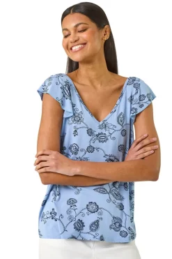 Roman Blue Floral Frill Shoulder Vest Top