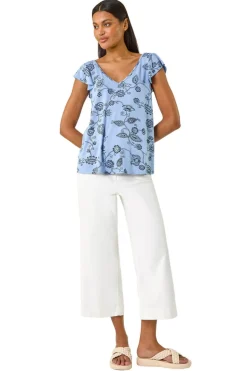 Roman Blue Floral Frill Shoulder Vest Top
