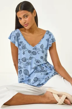 Roman Blue Floral Frill Shoulder Vest Top