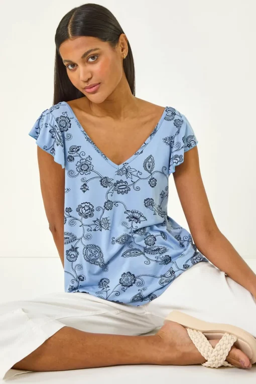 Roman Blue Floral Frill Shoulder Vest Top