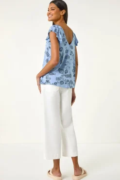 Roman Blue Floral Frill Shoulder Vest Top