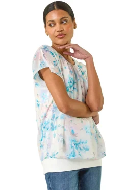 Roman Blue Floral Print Bubble Hem Top